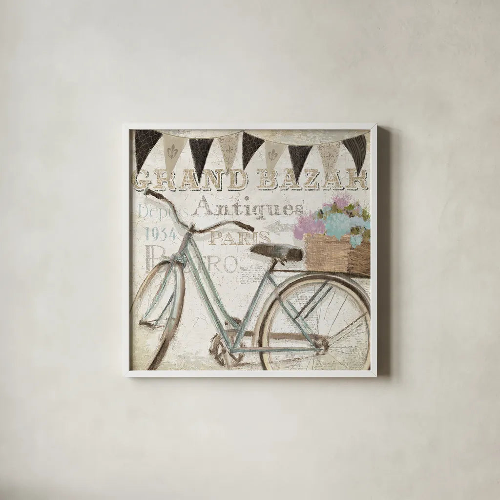 French Flea Market II by Emily Adams. Shown in a crisp white glass frame for a clean and minimalist style. Available as an archival giclee rolled canvas, fine art paper, or poster print. SKU 13485a.