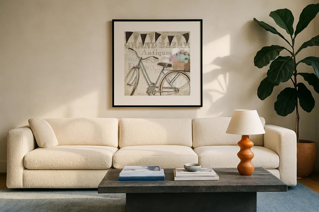 French Flea Market II by Emily Adams. Displayed in a glass frame with matte in a clean modern living room. Available as an archival giclee rolled canvas, fine art paper, or poster print. SKU 13485a.