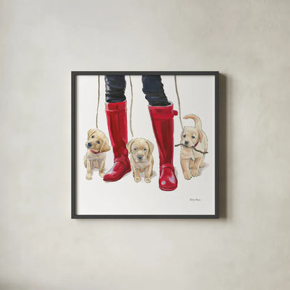 Furry Fashion Friends I by Emily Adams. Shown in a sleek black glass frame for a contemporary gallery look. Available as an archival giclee rolled canvas, fine art paper, or poster print. SKU 37317a.