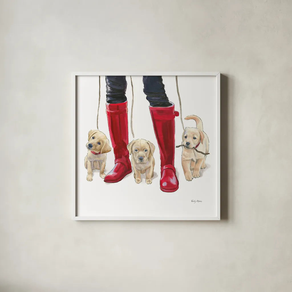 Furry Fashion Friends I by Emily Adams. Shown in a crisp white glass frame for a clean and minimalist style. Available as an archival giclee rolled canvas, fine art paper, or poster print. SKU 37317a.