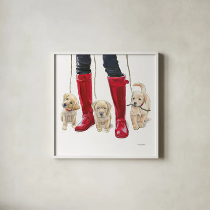Furry Fashion Friends I by Emily Adams. Shown in a crisp white glass frame for a clean and minimalist style. Available as an archival giclee rolled canvas, fine art paper, or poster print. SKU 37317a.