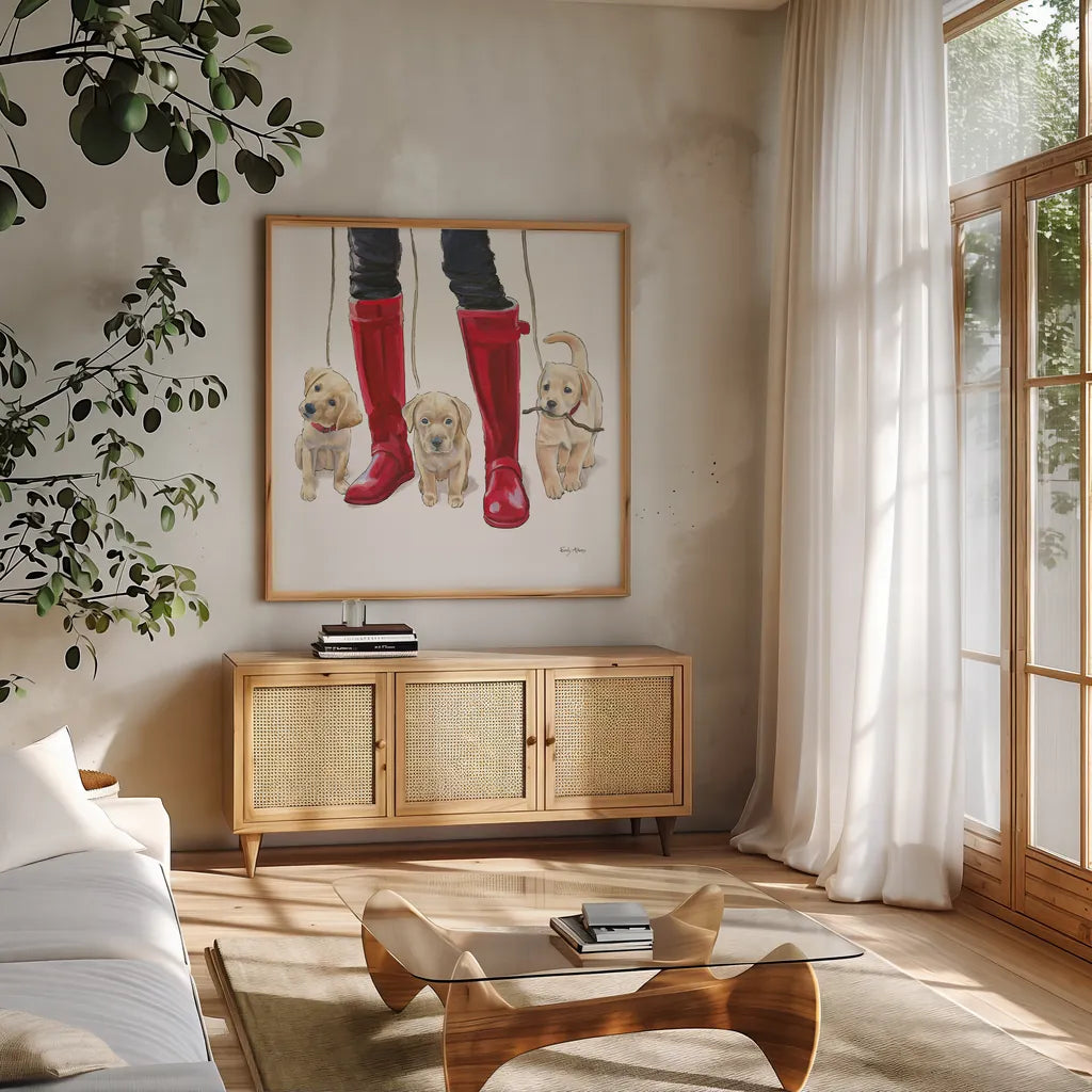 Furry Fashion Friends I by Emily Adams. Shown in a natural wood frame in a cozy modern living room. Available as an archival giclee rolled canvas, fine art paper, or poster print. SKU 37317a.