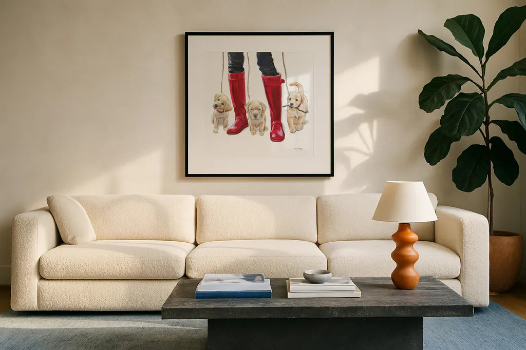 Furry Fashion Friends I by Emily Adams. Displayed in a glass frame with matte in a clean modern living room. Available as an archival giclee rolled canvas, fine art paper, or poster print. SKU 37317a.