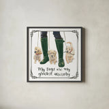 Furry Fashion Friends I My Dogs by Emily Adams. Shown in a sleek black glass frame for a contemporary gallery look. Available as an archival giclee rolled canvas, fine art paper, or poster print. SKU 38516a.