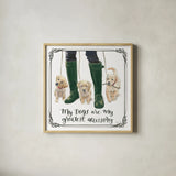 Furry Fashion Friends I My Dogs by Emily Adams. Shown in a natural wood glass frame for a timeless modern aesthetic. Available as an archival giclee rolled canvas, fine art paper, or poster print. SKU 38516a.