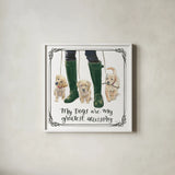 Furry Fashion Friends I My Dogs by Emily Adams. Shown in a crisp white glass frame for a clean and minimalist style. Available as an archival giclee rolled canvas, fine art paper, or poster print. SKU 38516a.