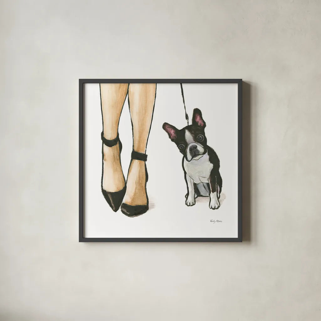 Furry Fashion Friends II by Emily Adams. Shown in a sleek black glass frame for a contemporary gallery look. Available as an archival giclee rolled canvas, fine art paper, or poster print. SKU 37318a.