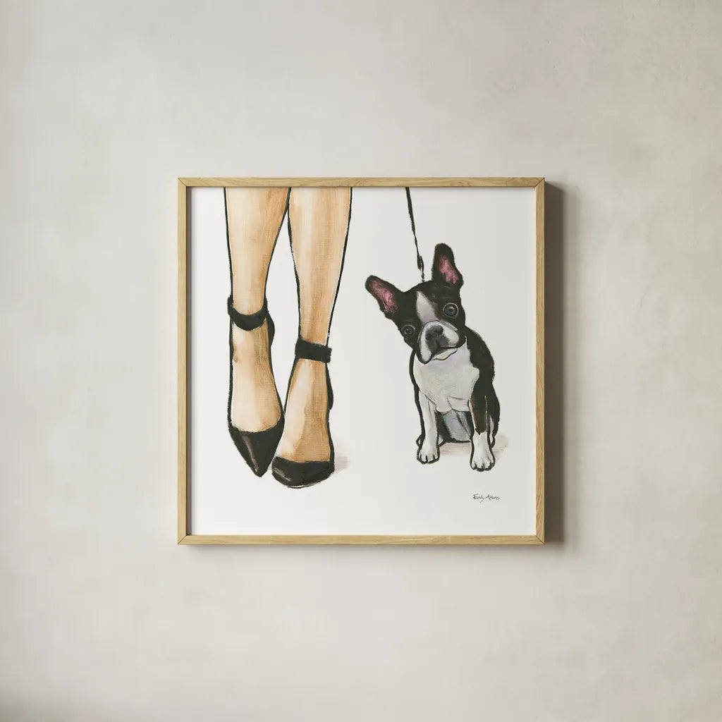 Furry Fashion Friends II by Emily Adams. Shown in a natural wood glass frame for a timeless modern aesthetic. Available as an archival giclee rolled canvas, fine art paper, or poster print. SKU 37318a.