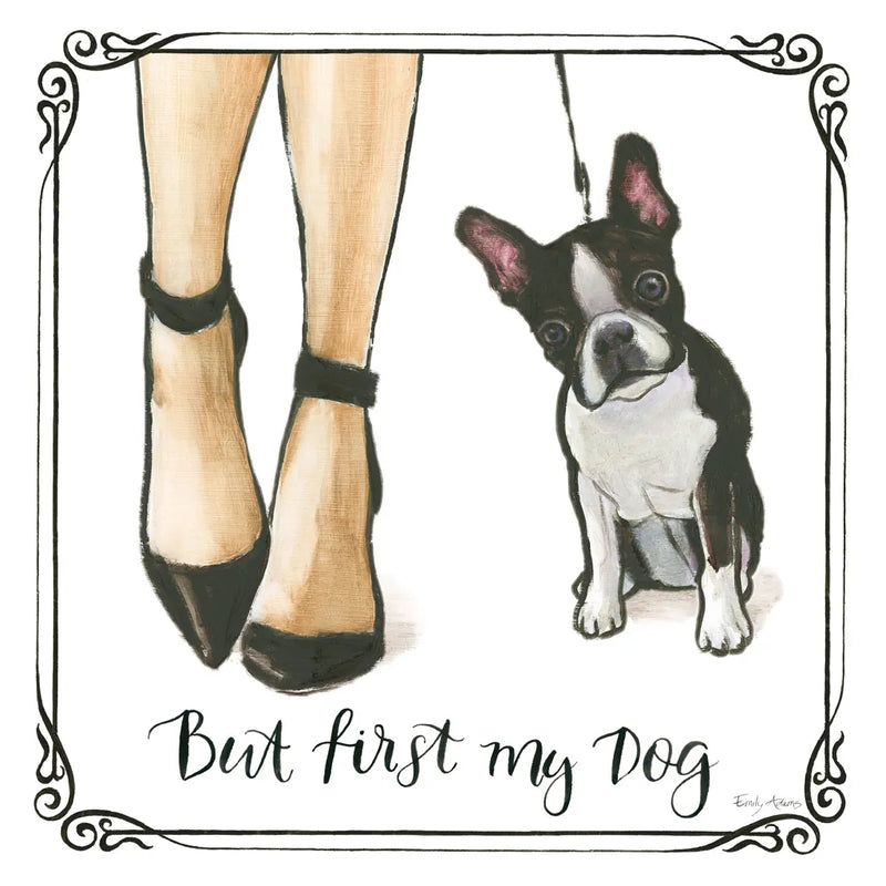 Furry Fashion Friends II But First by Emily Adams. SKU 38517a. Archival Giclee Fine art print for wall decor.