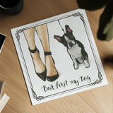 Furry Fashion Friends II But First by Emily Adams. Shown as a detailed flat fine art print, highlighting archival giclee quality. Available as an archival giclee rolled canvas, fine art paper, or poster print. SKU 38517a.