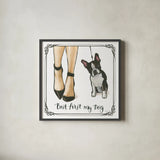 Furry Fashion Friends II But First by Emily Adams. Shown in a sleek black glass frame for a contemporary gallery look. Available as an archival giclee rolled canvas, fine art paper, or poster print. SKU 38517a.