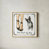 Furry Fashion Friends II But First by Emily Adams. Shown in a natural wood glass frame for a timeless modern aesthetic. Available as an archival giclee rolled canvas, fine art paper, or poster print. SKU 38517a.