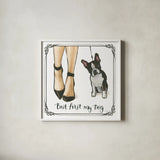 Furry Fashion Friends II But First by Emily Adams. Shown in a crisp white glass frame for a clean and minimalist style. Available as an archival giclee rolled canvas, fine art paper, or poster print. SKU 38517a.