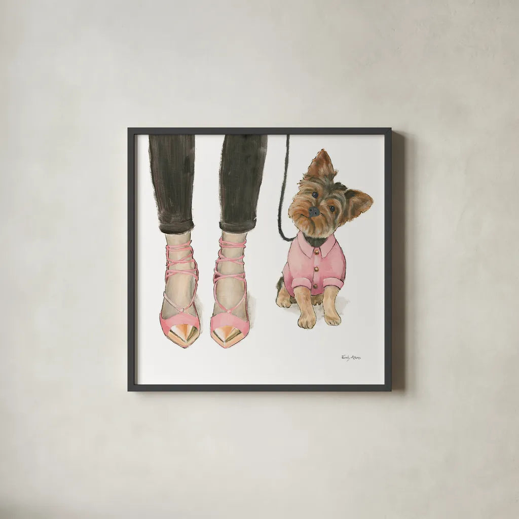 Furry Fashion Friends III by Emily Adams. Shown in a sleek black glass frame for a contemporary gallery look. Available as an archival giclee rolled canvas, fine art paper, or poster print. SKU 37319a.