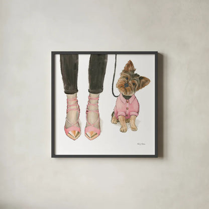 Furry Fashion Friends III by Emily Adams. Shown in a sleek black glass frame for a contemporary gallery look. Available as an archival giclee rolled canvas, fine art paper, or poster print. SKU 37319a.