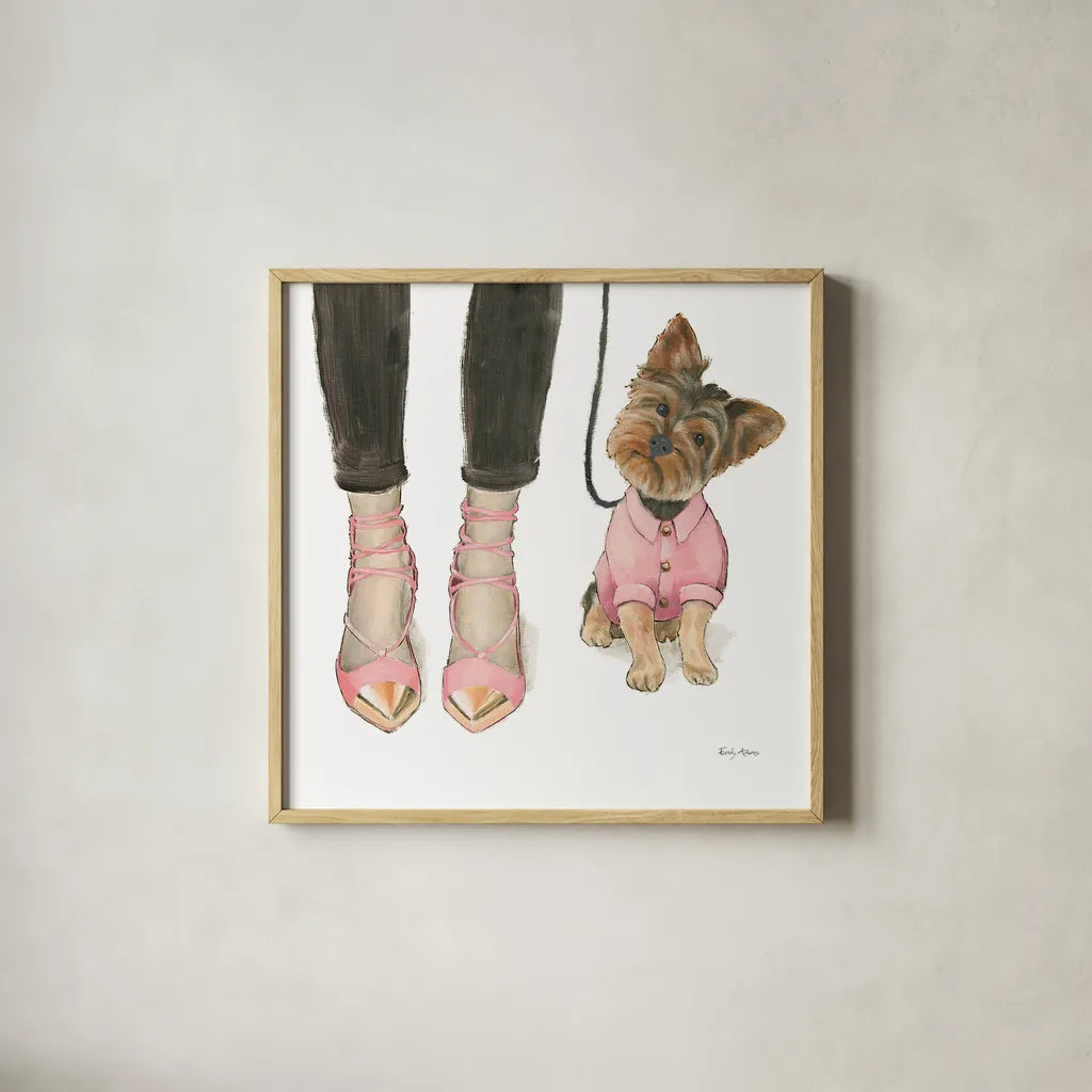 Furry Fashion Friends III by Emily Adams. Shown in a natural wood glass frame for a timeless modern aesthetic. Available as an archival giclee rolled canvas, fine art paper, or poster print. SKU 37319a.