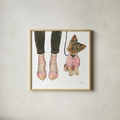 Furry Fashion Friends III by Emily Adams. Shown in a natural wood glass frame for a timeless modern aesthetic. Available as an archival giclee rolled canvas, fine art paper, or poster print. SKU 37319a.