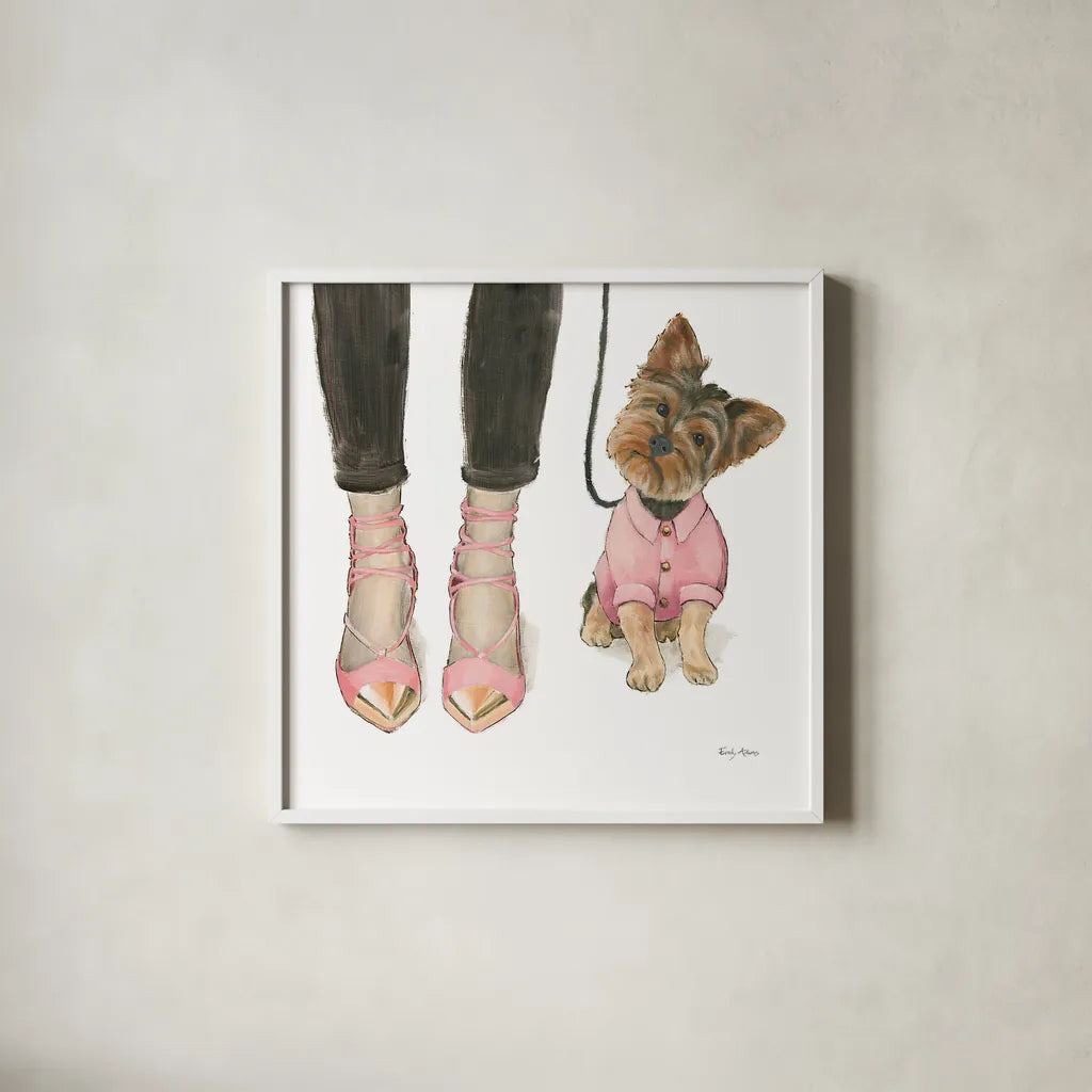 Furry Fashion Friends III by Emily Adams. Shown in a crisp white glass frame for a clean and minimalist style. Available as an archival giclee rolled canvas, fine art paper, or poster print. SKU 37319a.