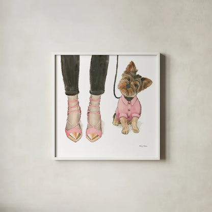 Furry Fashion Friends III by Emily Adams. Shown in a crisp white glass frame for a clean and minimalist style. Available as an archival giclee rolled canvas, fine art paper, or poster print. SKU 37319a.