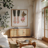 Furry Fashion Friends III by Emily Adams. Shown in a natural wood frame in a cozy modern living room. Available as an archival giclee rolled canvas, fine art paper, or poster print. SKU 37319a.