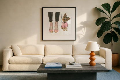 Furry Fashion Friends III by Emily Adams. Displayed in a glass frame with matte in a clean modern living room. Available as an archival giclee rolled canvas, fine art paper, or poster print. SKU 37319a.