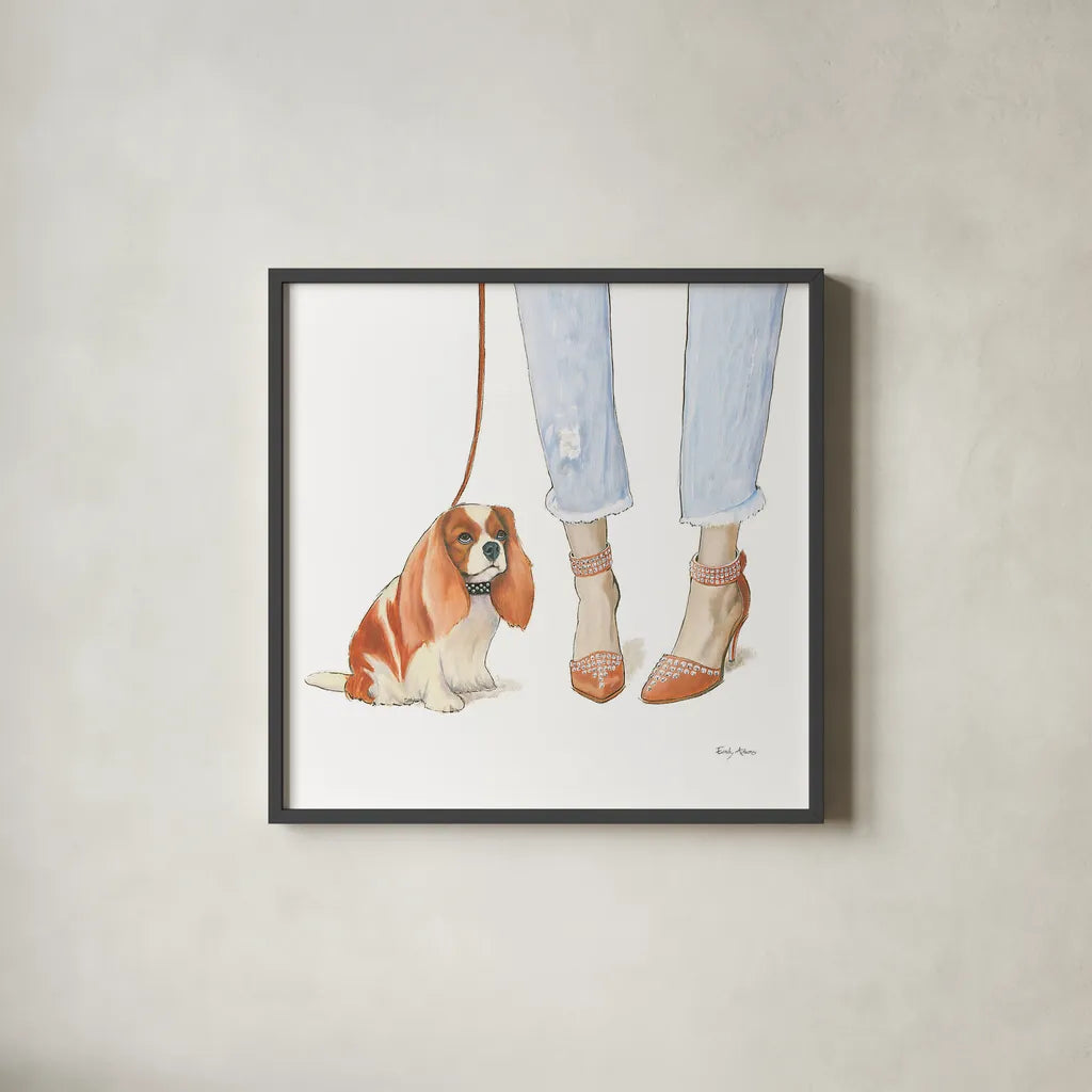 Furry Fashion Friends IV by Emily Adams. Shown in a sleek black glass frame for a contemporary gallery look. Available as an archival giclee rolled canvas, fine art paper, or poster print. SKU 37320a.
