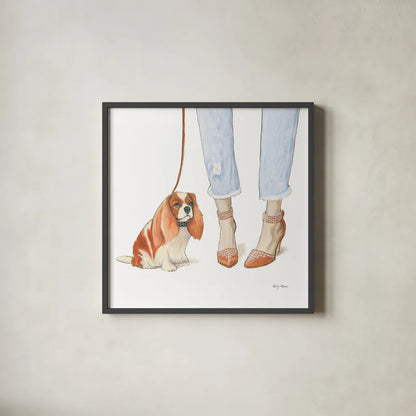 Furry Fashion Friends IV by Emily Adams. Shown in a sleek black glass frame for a contemporary gallery look. Available as an archival giclee rolled canvas, fine art paper, or poster print. SKU 37320a.