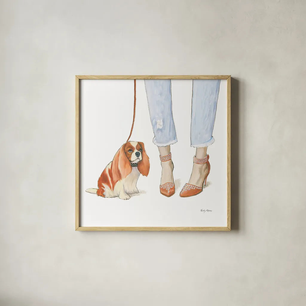 Furry Fashion Friends IV by Emily Adams. Shown in a natural wood glass frame for a timeless modern aesthetic. Available as an archival giclee rolled canvas, fine art paper, or poster print. SKU 37320a.