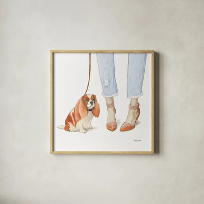 Furry Fashion Friends IV by Emily Adams. Shown in a natural wood glass frame for a timeless modern aesthetic. Available as an archival giclee rolled canvas, fine art paper, or poster print. SKU 37320a.