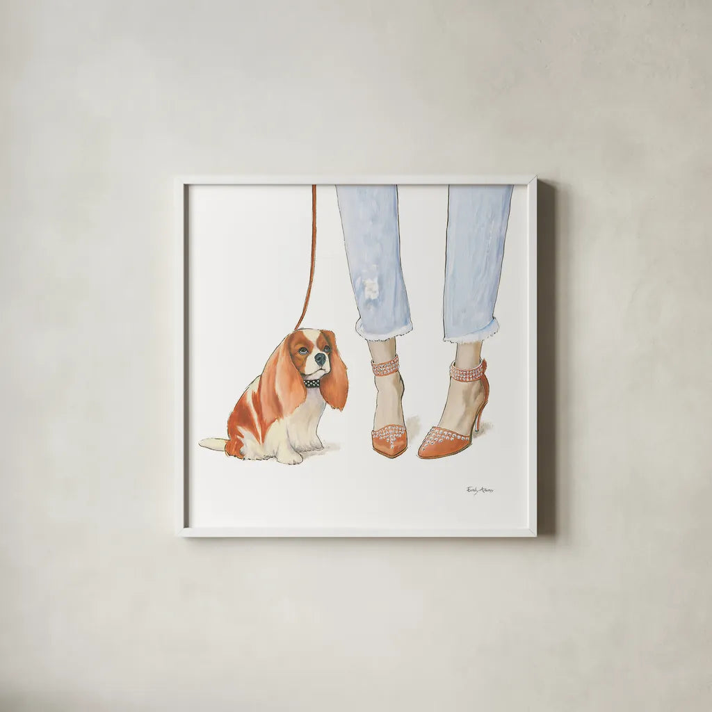 Furry Fashion Friends IV by Emily Adams. Shown in a crisp white glass frame for a clean and minimalist style. Available as an archival giclee rolled canvas, fine art paper, or poster print. SKU 37320a.