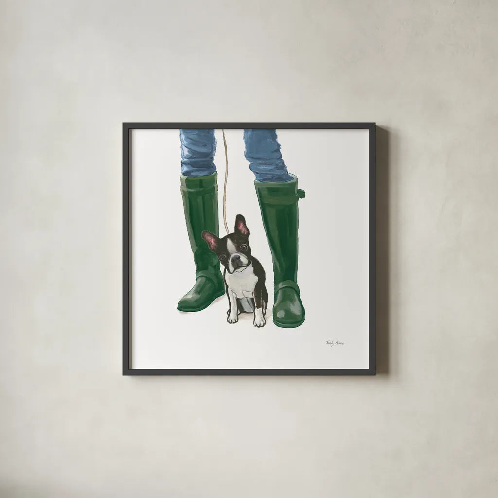 Furry Fashion Friends IX by Emily Adams. Shown in a sleek black glass frame for a contemporary gallery look. Available as an archival giclee rolled canvas, fine art paper, or poster print. SKU 86023a.
