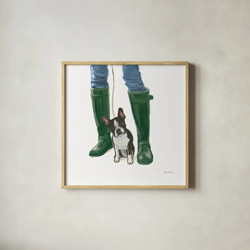 Furry Fashion Friends IX by Emily Adams. Shown in a natural wood glass frame for a timeless modern aesthetic. Available as an archival giclee rolled canvas, fine art paper, or poster print. SKU 86023a.