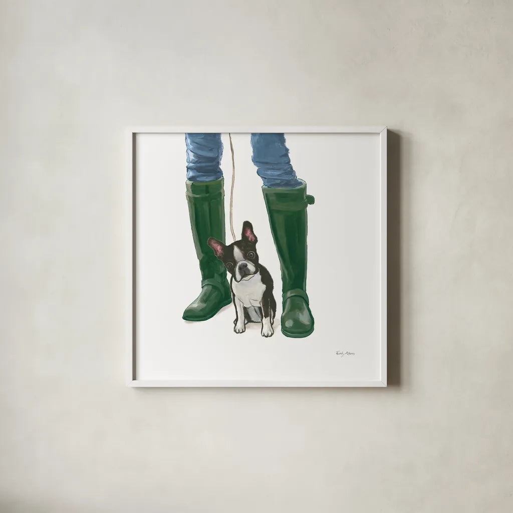 Furry Fashion Friends IX by Emily Adams. Shown in a crisp white glass frame for a clean and minimalist style. Available as an archival giclee rolled canvas, fine art paper, or poster print. SKU 86023a.