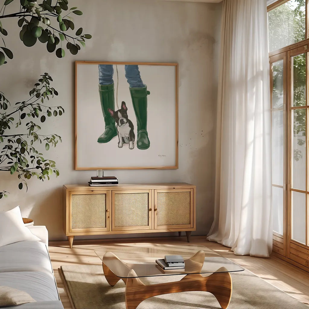 Furry Fashion Friends IX by Emily Adams. Shown in a natural wood frame in a cozy modern living room. Available as an archival giclee rolled canvas, fine art paper, or poster print. SKU 86023a.