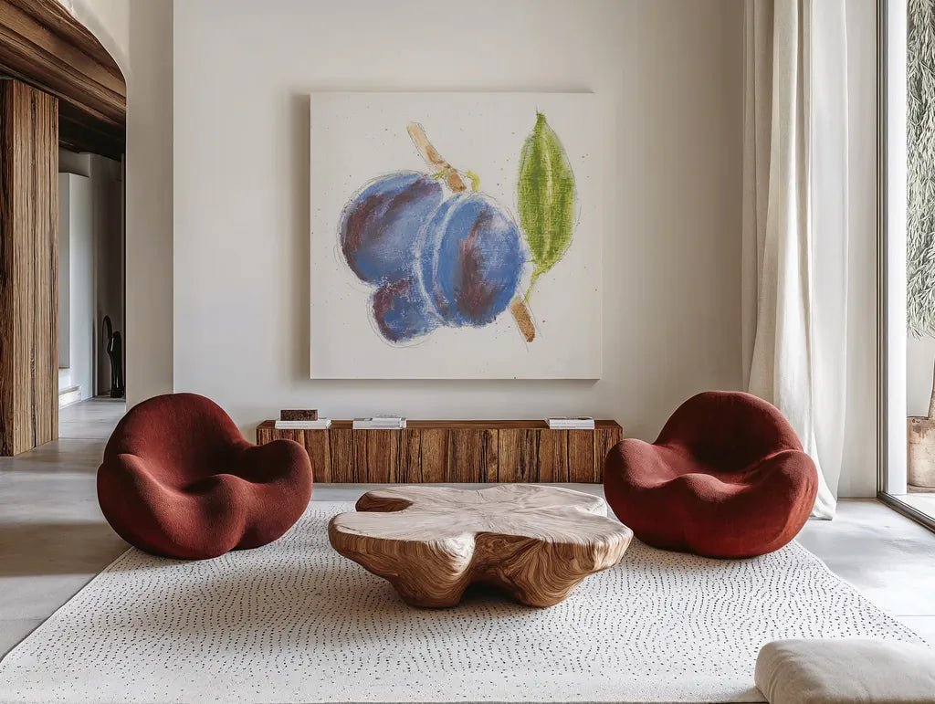 Garden Delight VI by Emily Adams. Shown as extra-large giant wall art in a modern living room. Available as an archival giclee rolled canvas, fine art paper, or poster print. SKU 24839a.
