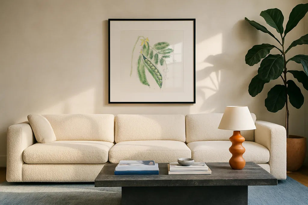 Garden Delight XI by Emily Adams. Displayed in a glass frame with matte in a clean modern living room. Available as an archival giclee rolled canvas, fine art paper, or poster print. SKU 24844a.