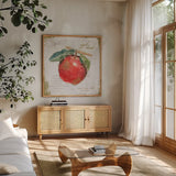 Garden Treasures I by Emily Adams. Shown in a natural wood frame in a cozy modern living room. Available as an archival giclee rolled canvas, fine art paper, or poster print. SKU 25984a.