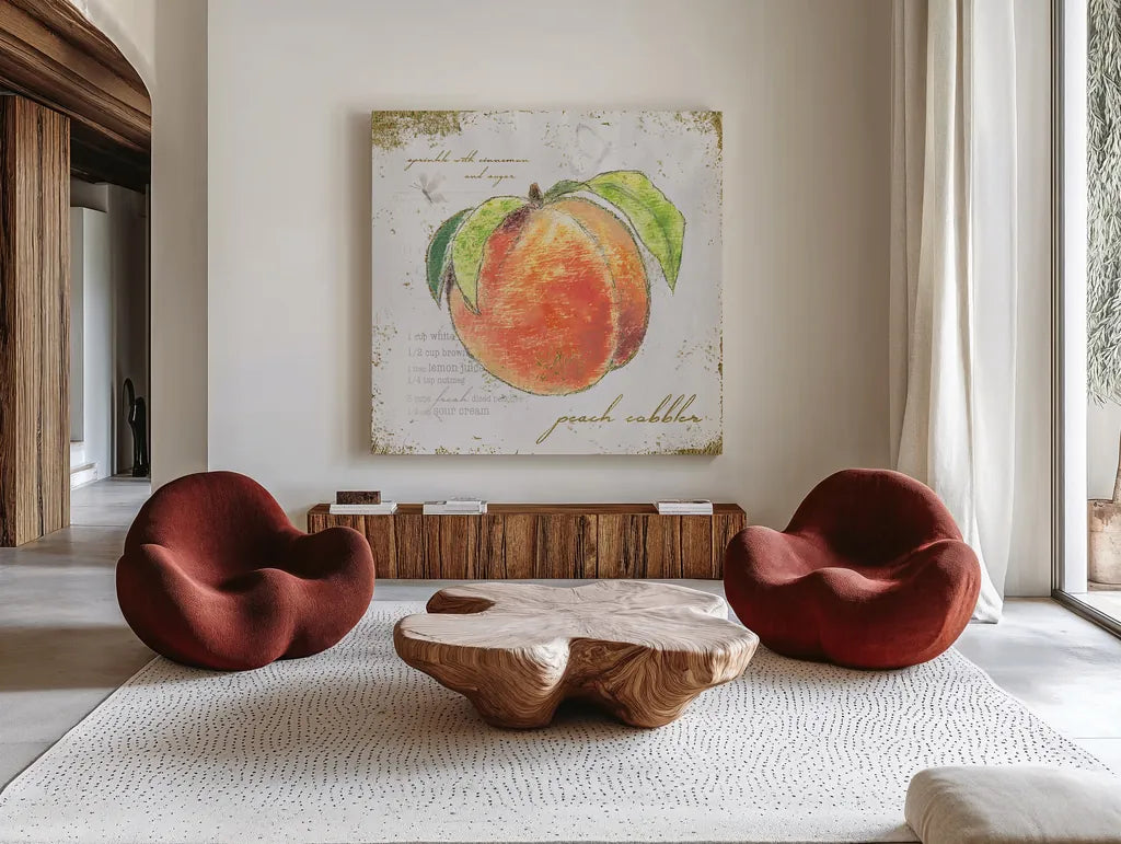 Garden Treasures II by Emily Adams. Shown as extra-large giant wall art in a modern living room. Available as an archival giclee rolled canvas, fine art paper, or poster print. SKU 25985a.