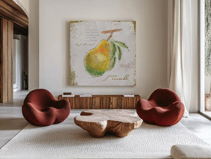 Garden Treasures III by Emily Adams. Shown as extra-large giant wall art in a modern living room. Available as an archival giclee rolled canvas, fine art paper, or poster print. SKU 25986a.