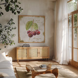 Garden Treasures IV by Emily Adams. Shown in a natural wood frame in a cozy modern living room. Available as an archival giclee rolled canvas, fine art paper, or poster print. SKU 25987a.