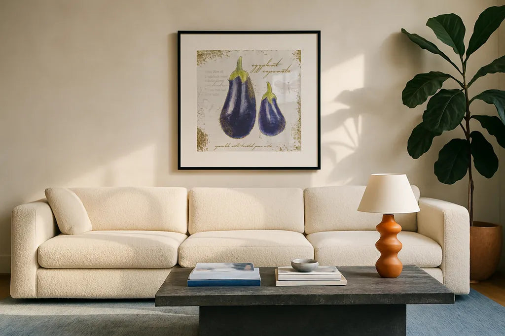 Garden Treasures IX by Emily Adams. Displayed in a glass frame with matte in a clean modern living room. Available as an archival giclee rolled canvas, fine art paper, or poster print. SKU 25992a.