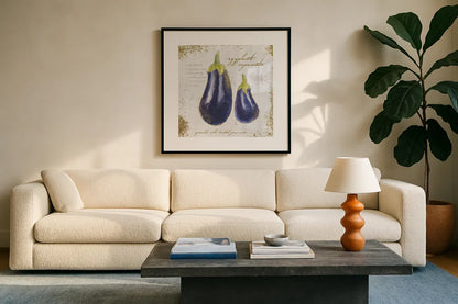 Garden Treasures IX by Emily Adams. Displayed in a glass frame with matte in a clean modern living room. Available as an archival giclee rolled canvas, fine art paper, or poster print. SKU 25992a.