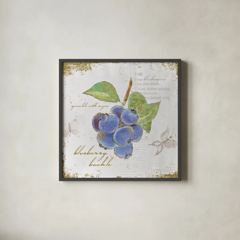 Garden Treasures V by Emily Adams. Shown in a sleek black glass frame for a contemporary gallery look. Available as an archival giclee rolled canvas, fine art paper, or poster print. SKU 25988a.