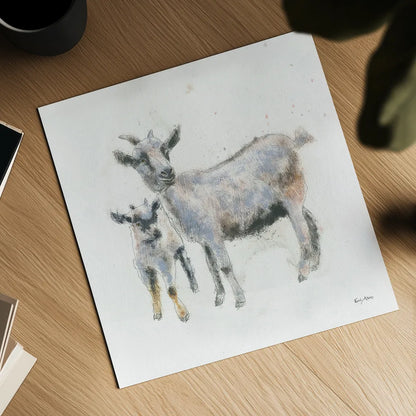 Goat and Kid by Emily Adams. Shown as a detailed flat fine art print, highlighting archival giclee quality. Available as an archival giclee rolled canvas, fine art paper, or poster print. SKU 23729a.