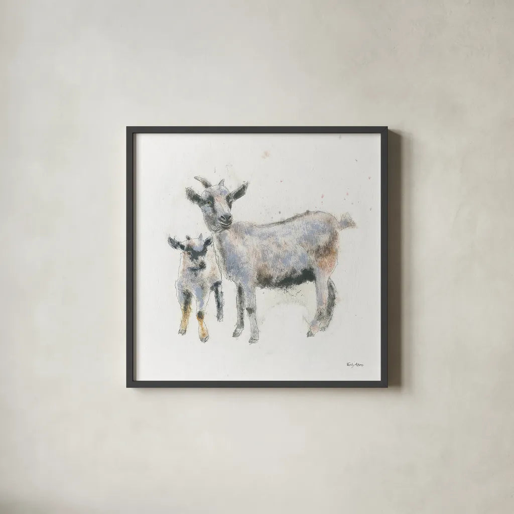 Goat and Kid by Emily Adams. Shown in a sleek black glass frame for a contemporary gallery look. Available as an archival giclee rolled canvas, fine art paper, or poster print. SKU 23729a.