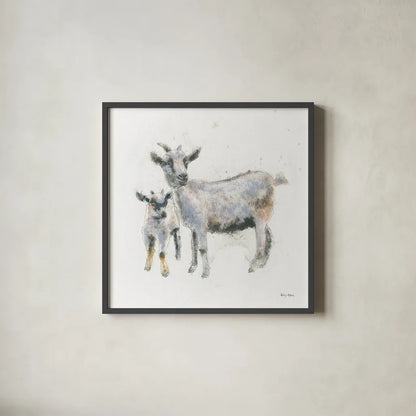 Goat and Kid by Emily Adams. Shown in a sleek black glass frame for a contemporary gallery look. Available as an archival giclee rolled canvas, fine art paper, or poster print. SKU 23729a.