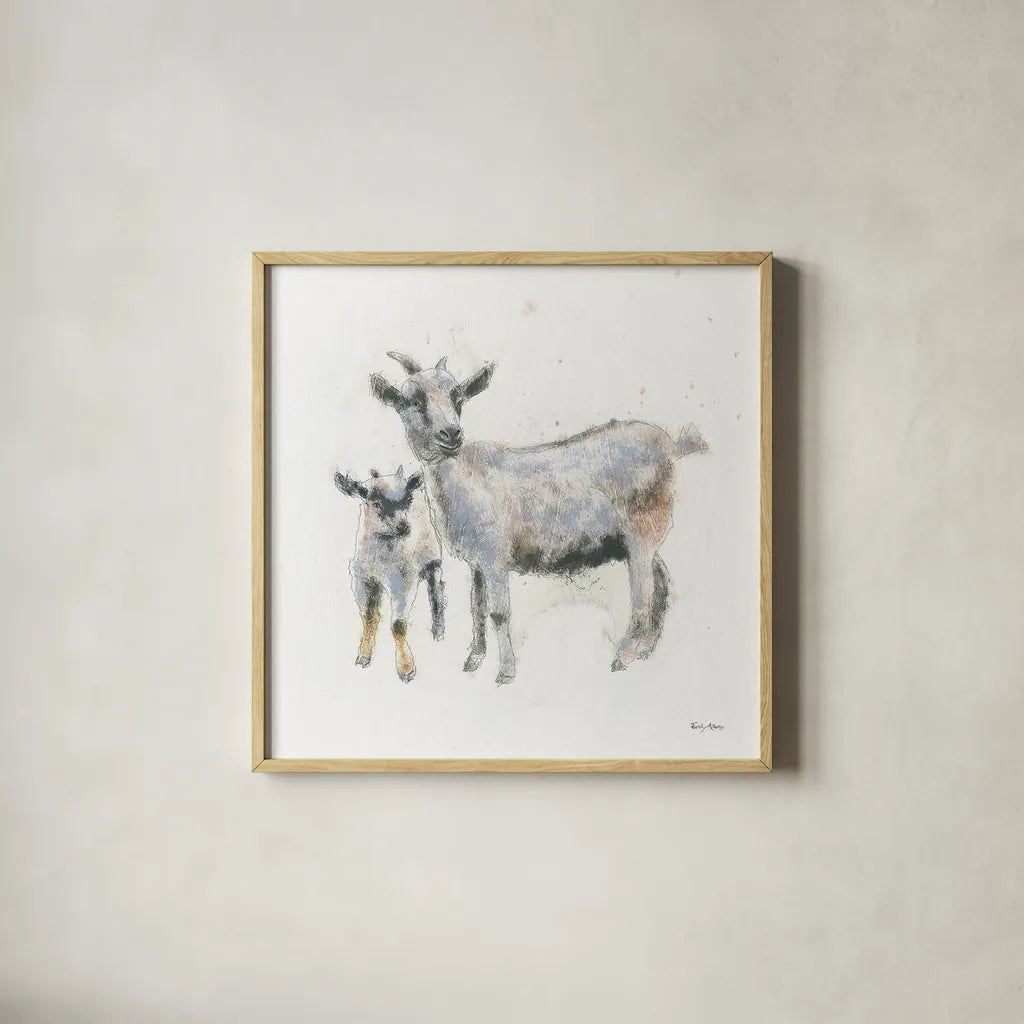 Goat and Kid by Emily Adams. Shown in a natural wood glass frame for a timeless modern aesthetic. Available as an archival giclee rolled canvas, fine art paper, or poster print. SKU 23729a.