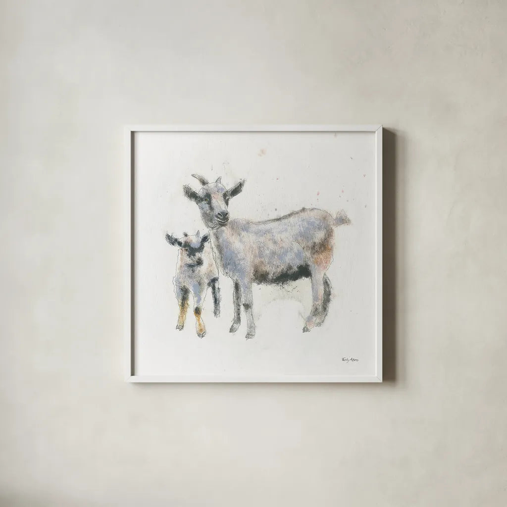 Goat and Kid by Emily Adams. Shown in a crisp white glass frame for a clean and minimalist style. Available as an archival giclee rolled canvas, fine art paper, or poster print. SKU 23729a.