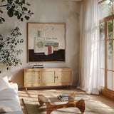Grooming I by Emily Adams. Shown in a natural wood frame in a cozy modern living room. Available as an archival giclee rolled canvas, fine art paper, or poster print. SKU 16851a.