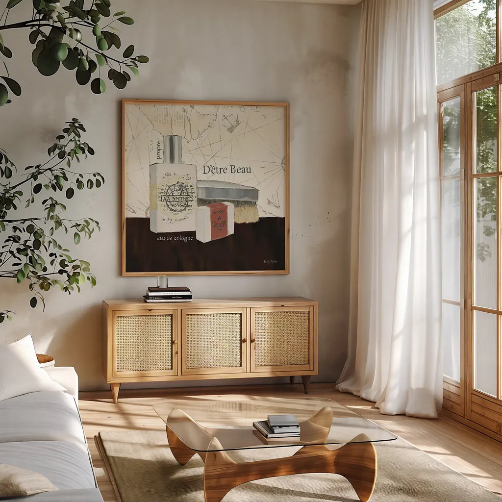 Grooming I by Emily Adams. Shown in a natural wood frame in a cozy modern living room. Available as an archival giclee rolled canvas, fine art paper, or poster print. SKU 16851a.